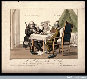 A doctor instructs his English patient not to eat as he does. Credit: Wellcome Library, London. 