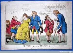 A group of physicians wrongly diagnosing the case of a pregnant woman. Coloured etching by I. Cruikshank, 1803.  Image Credit: Wellcome Library, London.