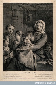 A poor woman in a dingy attic, surrounded by her children, one of whom she is breast-feeding. Engraving by N. de Larmessin III after J. Pierre. Image Credit: Wellcome Library, London.