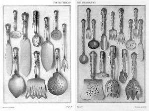 Pages from the 1910 Gorham Buttercup pattern silver catalog (left) and the 1898 Gorham Strasbourg pattern silver catalog (right), which together list more than 100 different items of cutlery, including the relish fork, asparagus fork, tomato serving fork, lemon fork, pickle fork, sardine fork, vegetable fork, and beef forks shown above. The full Buttercup pattern also included the infamous ice cream fork. Via Eden Sterling.