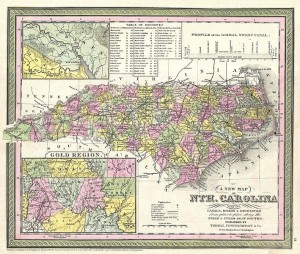An 1950 map of North Carolina, showing the gold regions of the state.