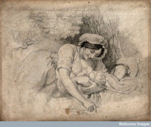 A woman breast feeding her child. Stipple engraving, 1810. Credit: Wellcome Library, London. 