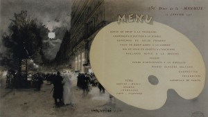 A commemorative menu by Luigi Loir for the 250th dinner of "La Marmite," a Parisian literary-artistic association. From the Bibliothèque Historique de la Ville de Paris.