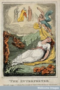 V0047952 A sleeping woman is disturbed in her dreams by a winged figu Credit: Wellcome Library, London. Wellcome Images images@wellcome.ac.uk http://wellcomeimages.org A sleeping woman is disturbed in her dreams by a winged figure pointing to five people in the clouds above; representing the interpretation of dreams. Coloured etching. 1811 Published: 8 August 1811 Copyrighted work available under Creative Commons Attribution only licence CC BY 4.0 http://creativecommons.org/licenses/by/4.0/
