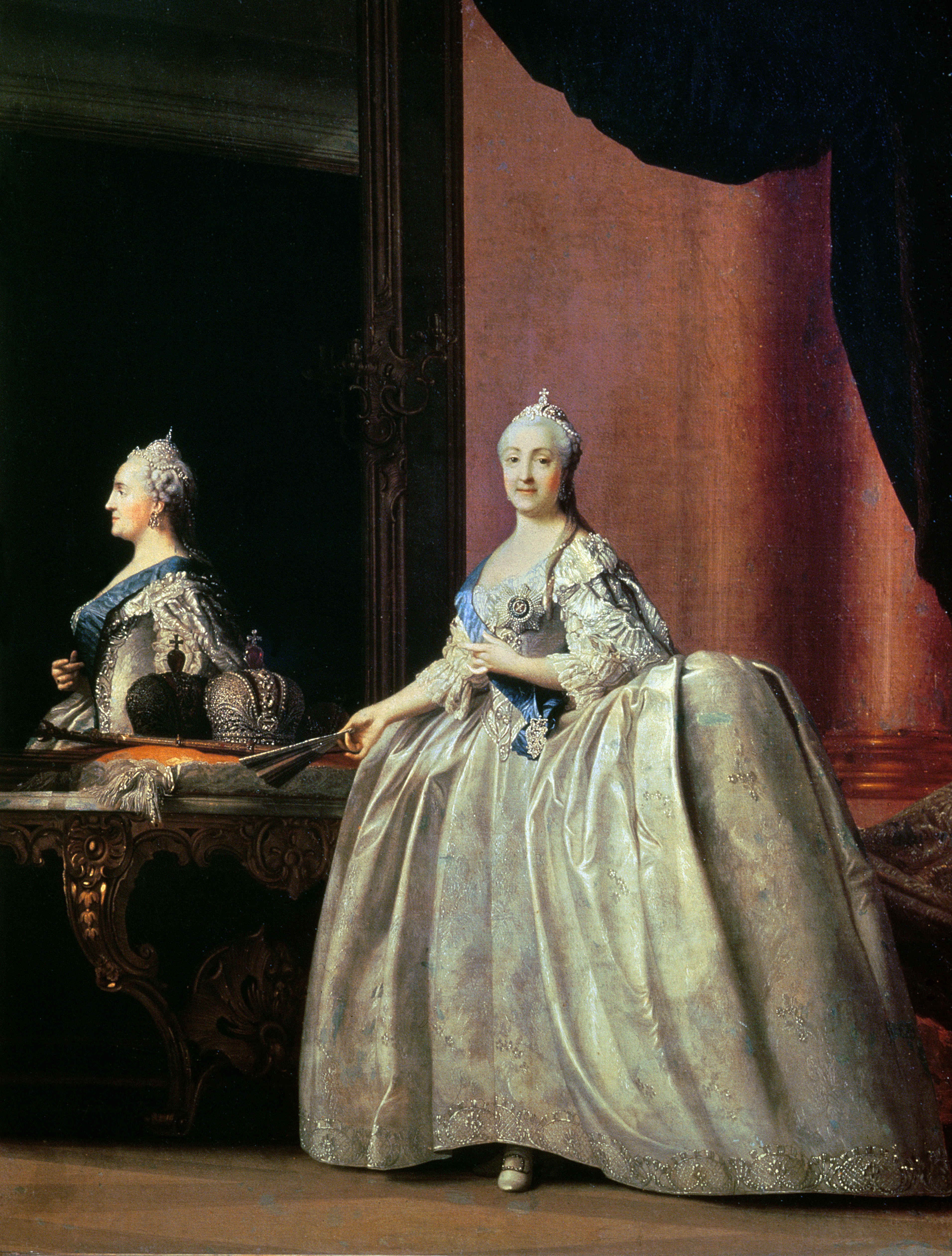 BAL244817 Empress Catherine II before the mirror, 1779 (oil on canvas) by Erichsen, Vigilius (1722-82); 72x55 cm; State Russian Museum, St. Petersburg, Russia; (add.info.: married to Tsar Peter III (1728-62); Catherine the Great (1729-96);); Danish, out of copyright